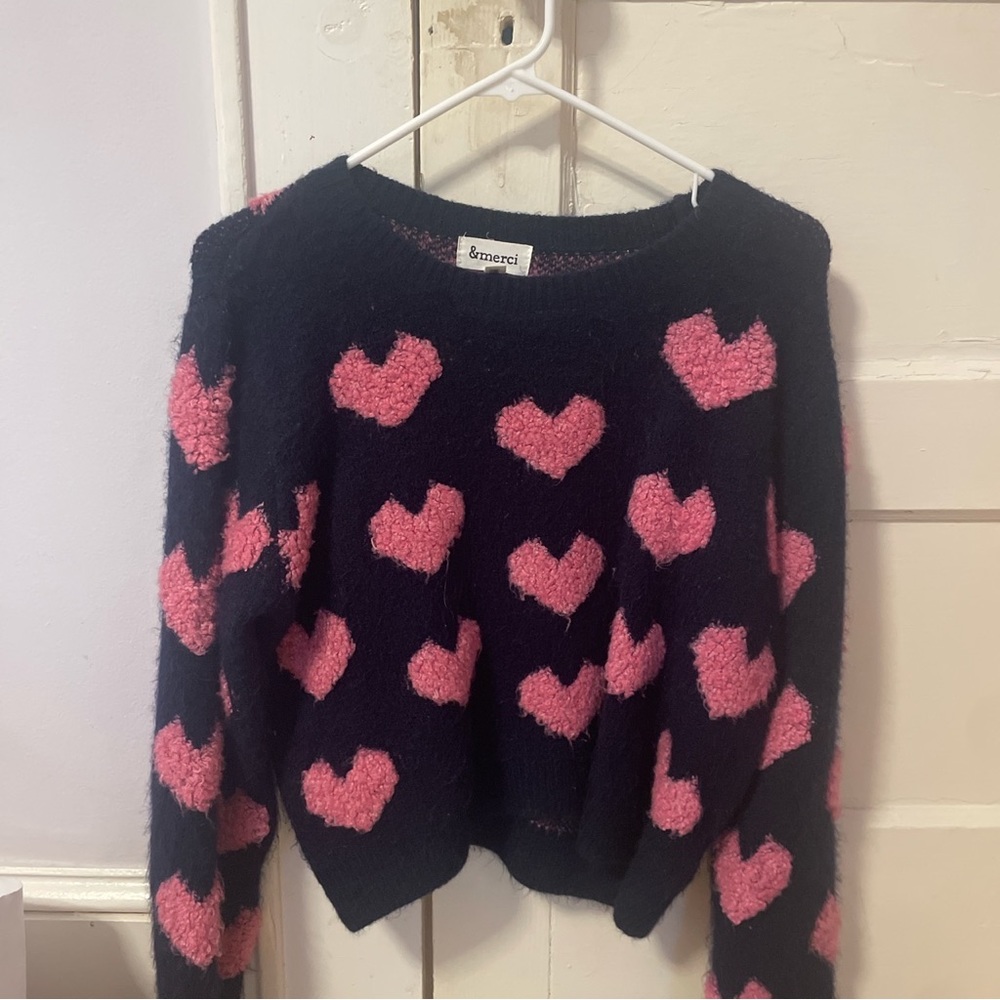 Triple threads dark/navy blue sweater with pink hearts